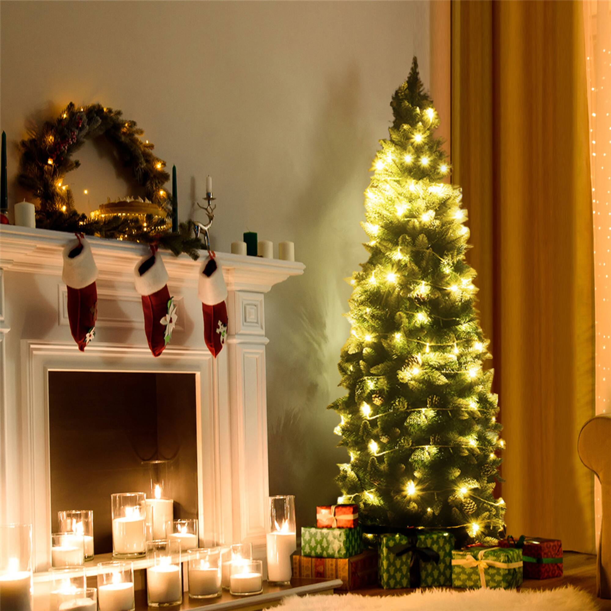 Costway 7.5ft. Snow Flocked Pencil Hinged Christmas Tree with Pinecones